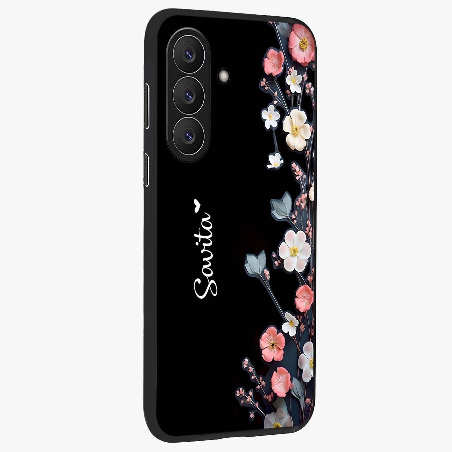 Black Elegance Floral Custom Name Glass Case upright view showcasing luxurious black floral design with personalized name detail.