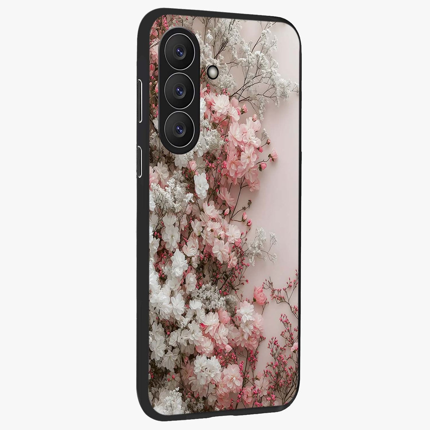 Blush Blossom Cloud Glass Case upright view showcasing calm floral cloud artwork with gentle dreamy theme.