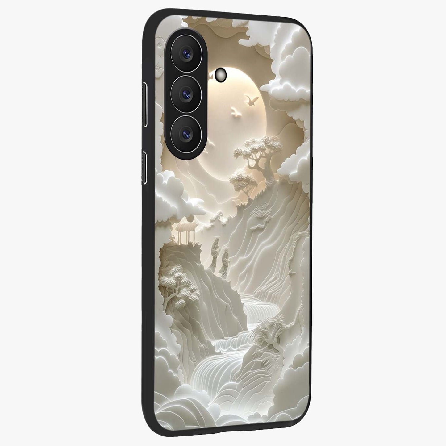 Celestial Origami Glass Case upright view showcasing creative origami artwork with modern celestial style.