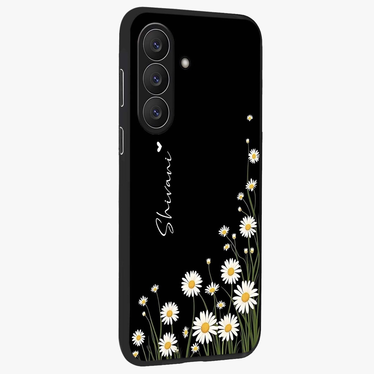 Daisy Cascade Custom Name Glass Case upright view showcasing elegant floral cascade design with personalized aesthetic.