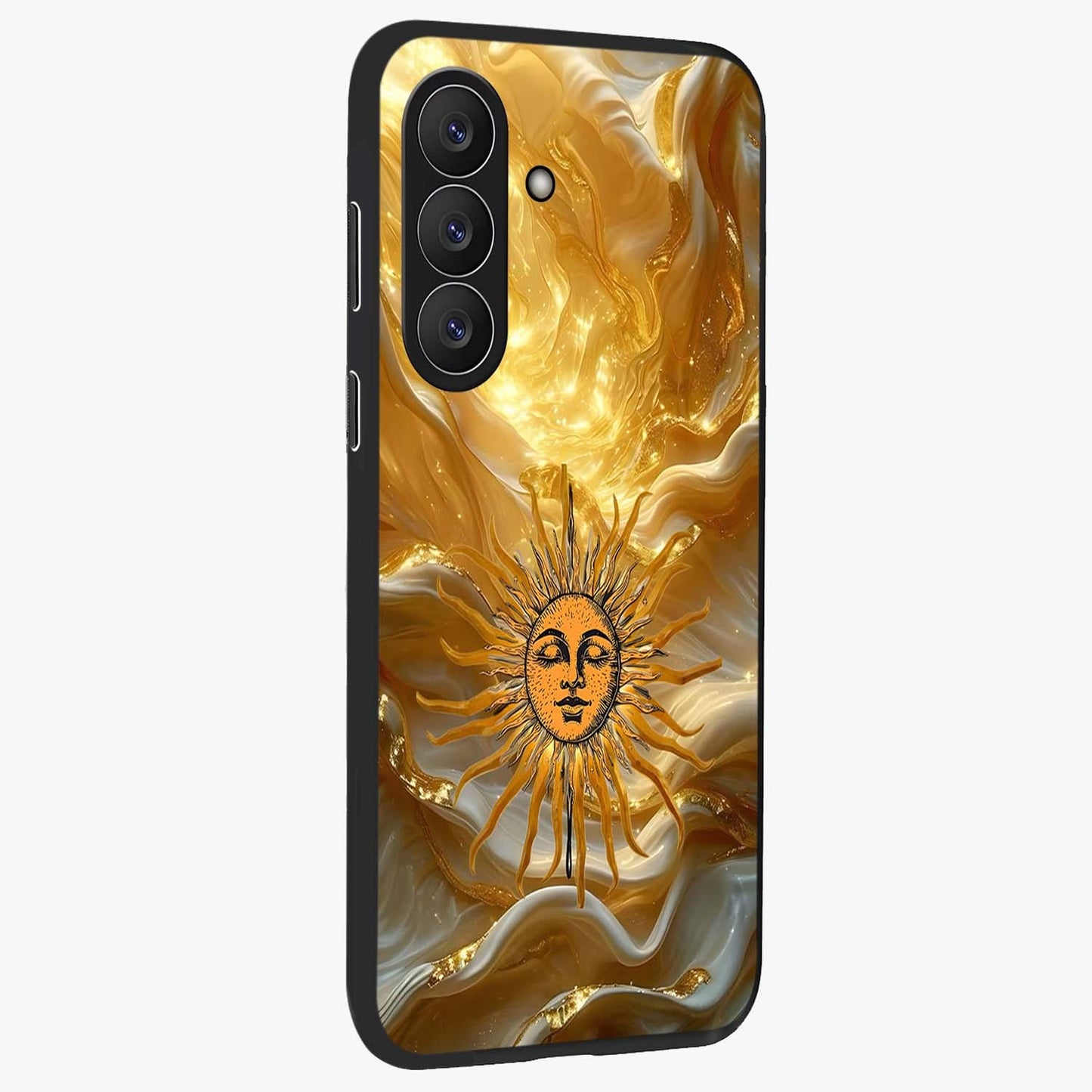Eternal Golden Glow Glass Case upright view showcasing luminous golden artwork with luxurious visual theme.