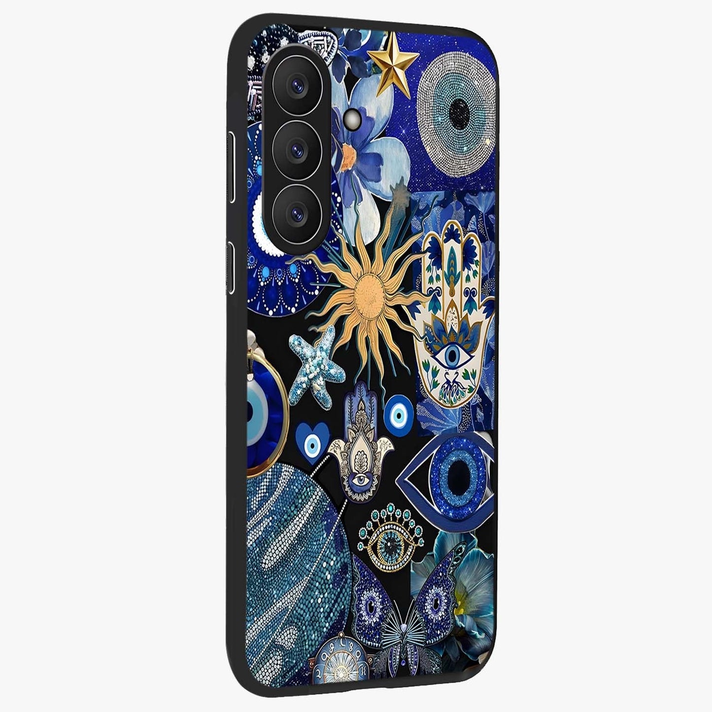 Evil Eye Charm Mix Glass Case upright view showcasing mystical evil eye pattern with vibrant decorative style.