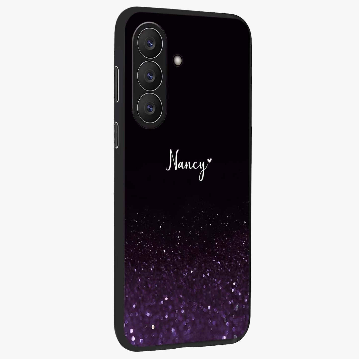 Glittery Purple Bokeh Custom Name Glass Case upright view showcasing vibrant purple sparkle artwork with personalized aesthetic style.