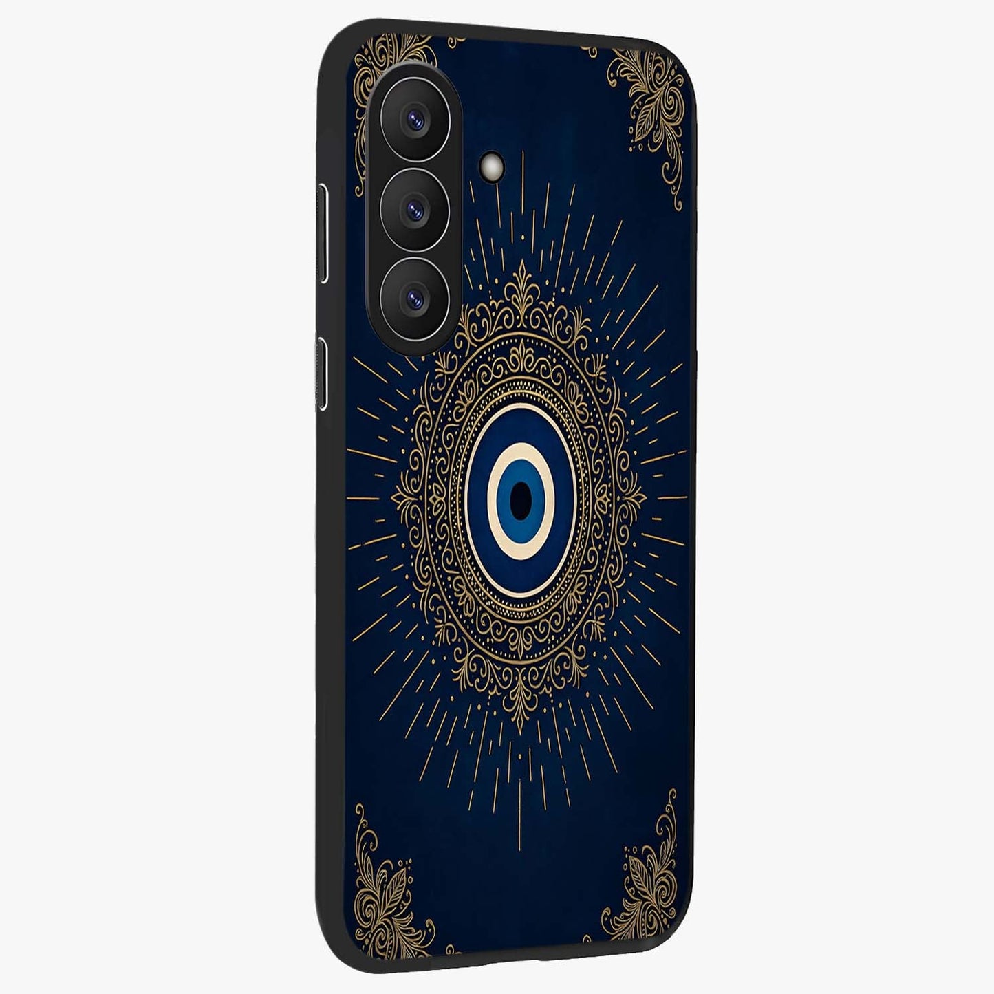 Golden Celestial Charm Glass Case upright view showcasing radiant celestial artwork with elegant golden theme.