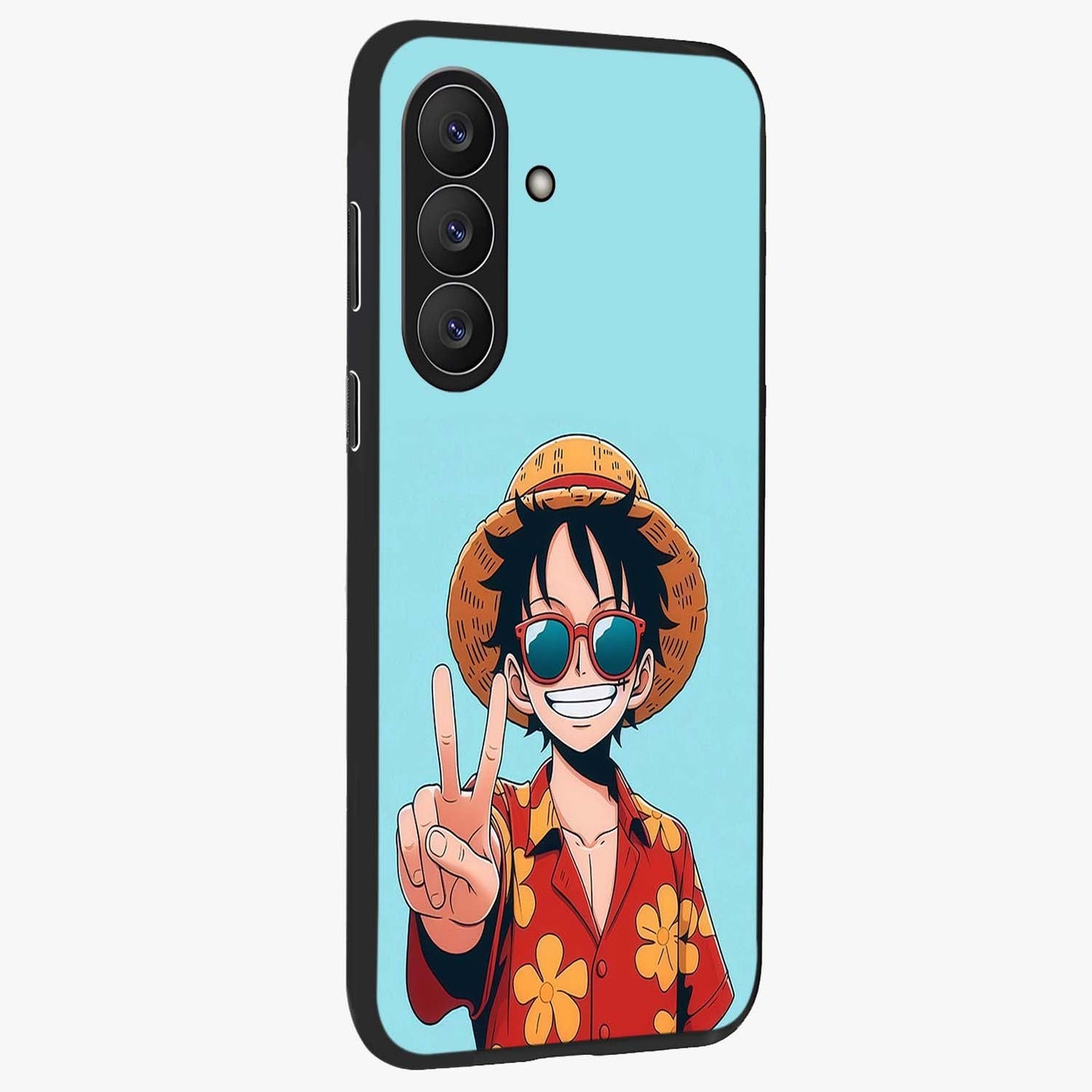 Luffy Summer Anime Vibe Glass Case upright view showcasing dynamic anime artwork with bright adventurous theme.
