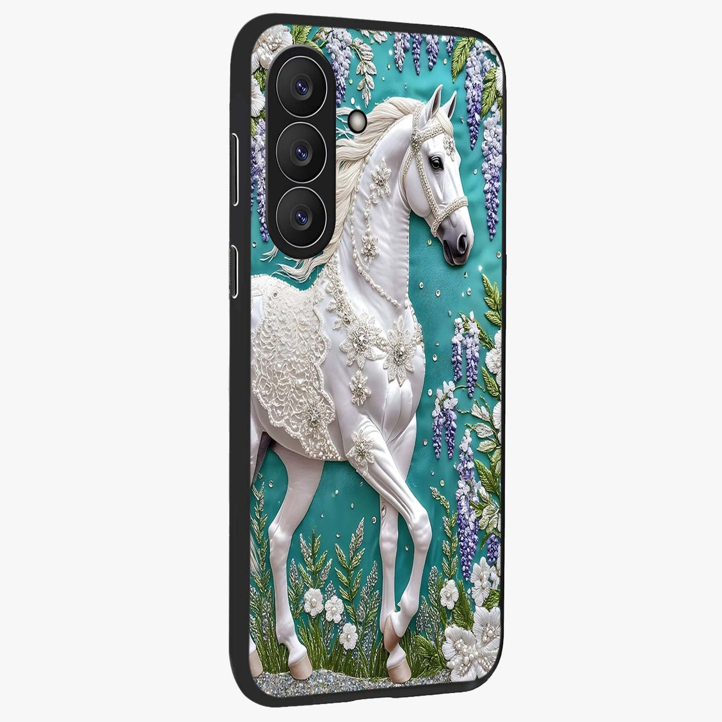 Majestic Floral Stallion Glass Case upright view showcasing dramatic horse artwork with decorative floral theme.