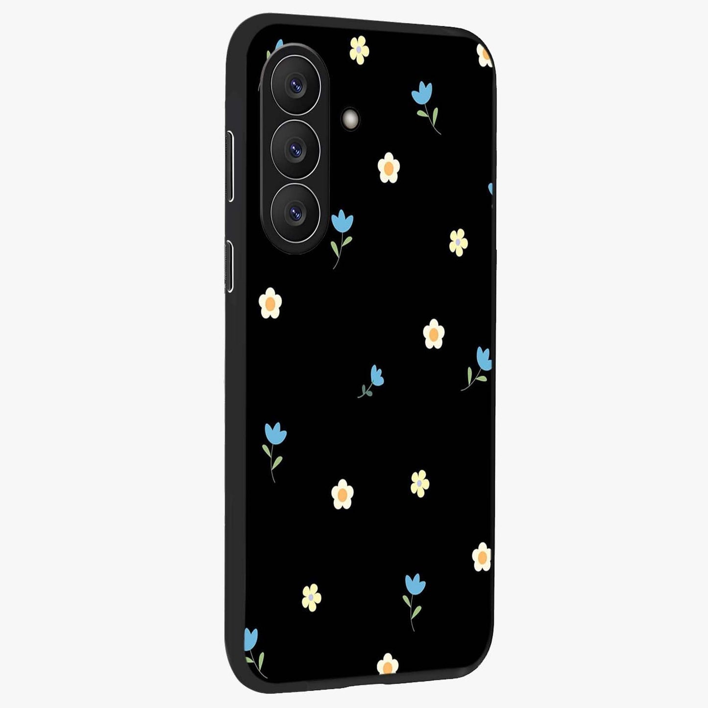 Minimal Petal Whispers Glass Case upright view showcasing elegant floral artwork with modern minimalist style.