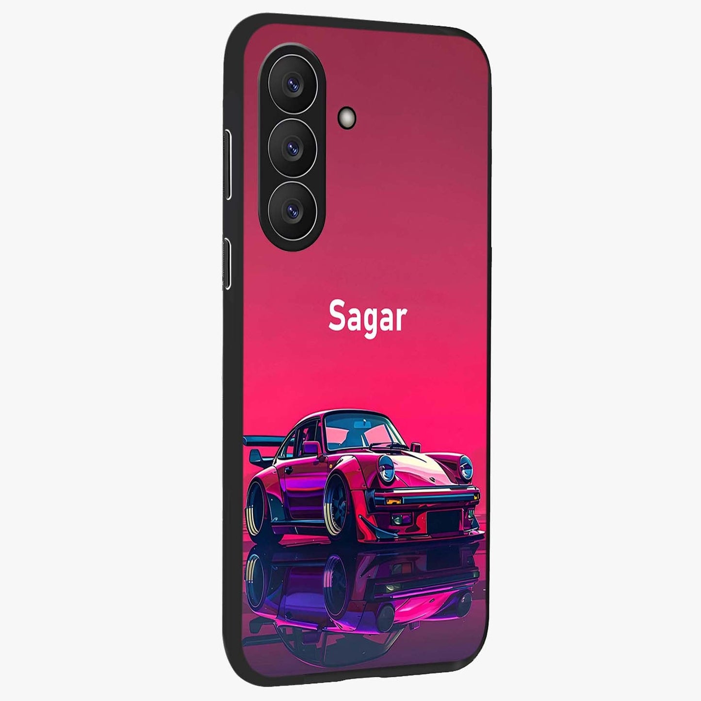 Neon Pink Porsche Glass Case upright view showcasing vibrant sports car artwork with bold automotive theme.
