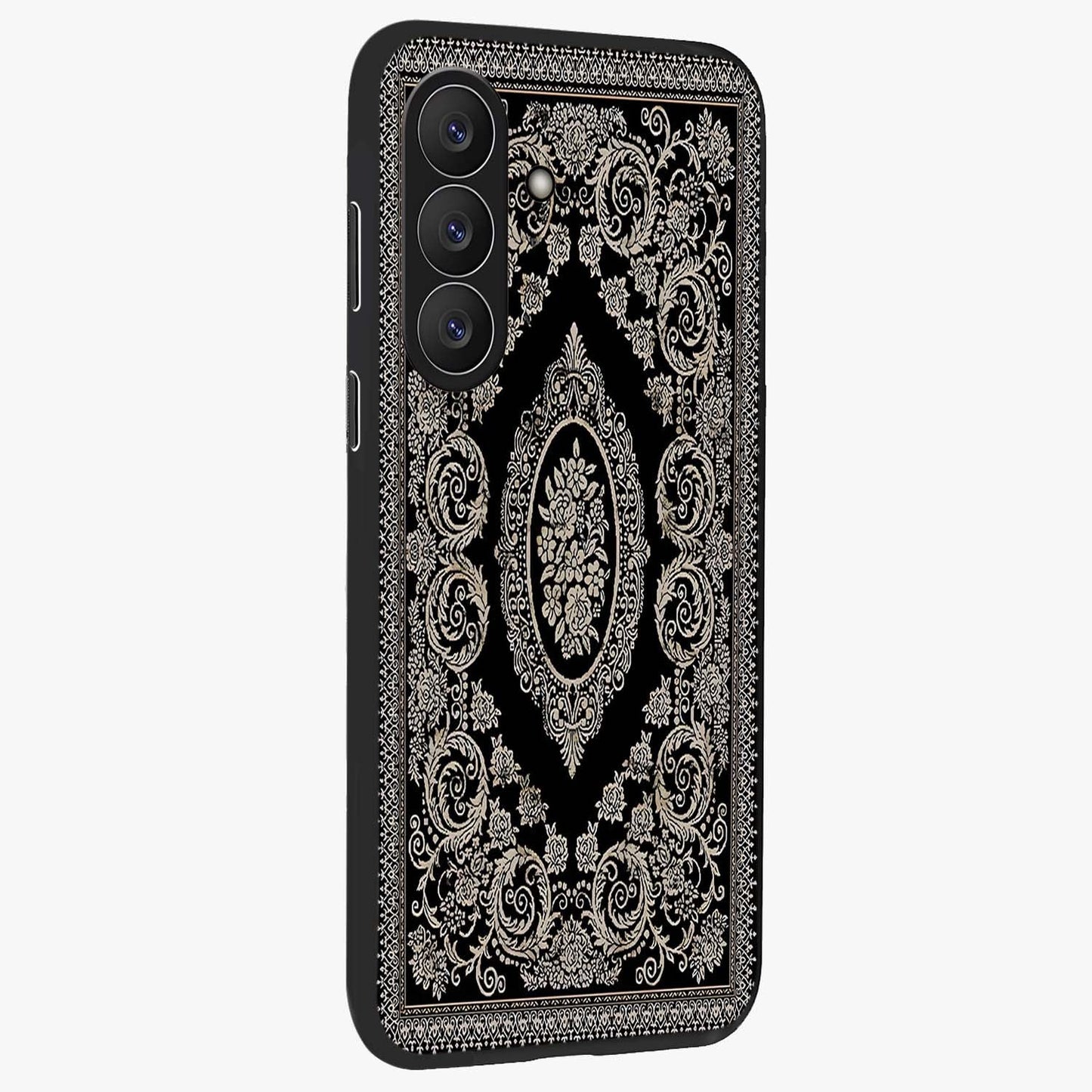 Noir Bloom Elegance Glass Case upright view showcasing graceful floral artwork with luxurious dark theme.