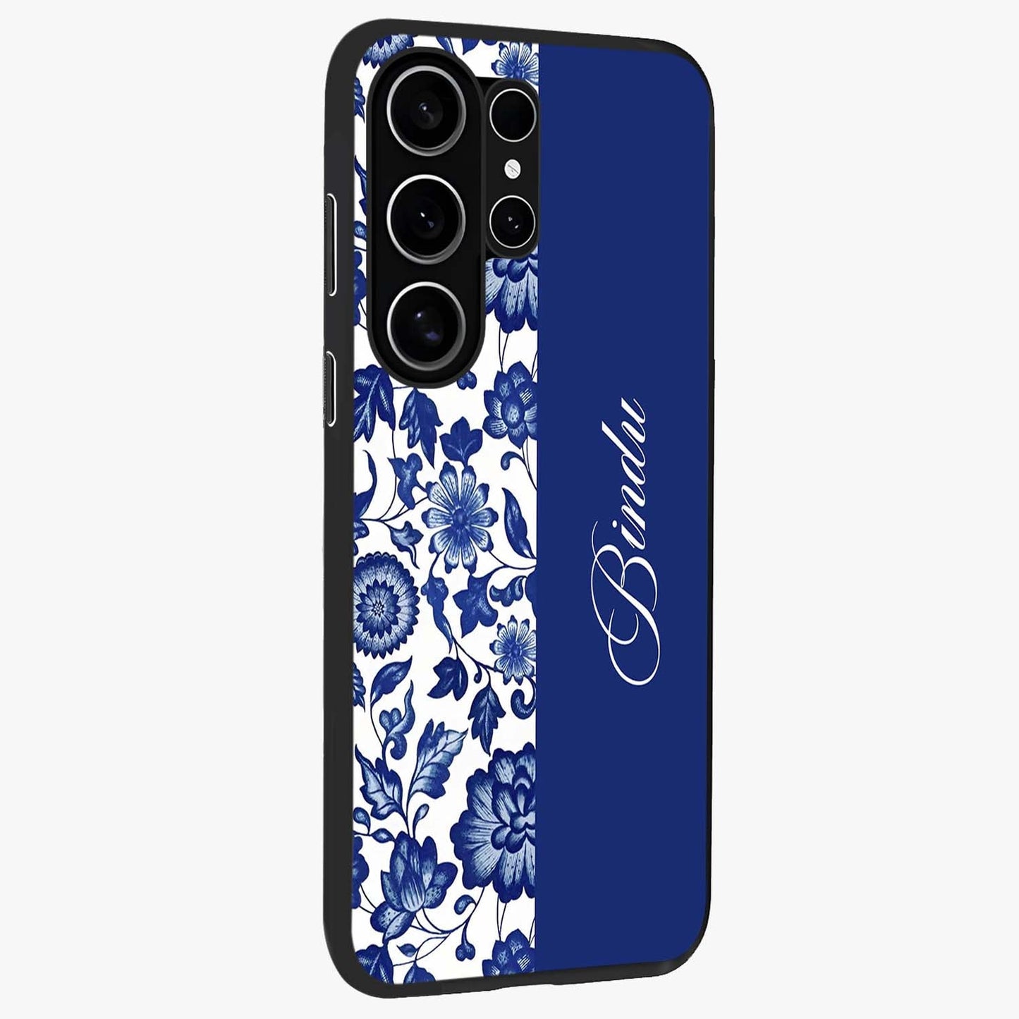Blue Vintage Floral Pattern Glass Case upright view showcasing delicate blush floral texture with modern minimal style.