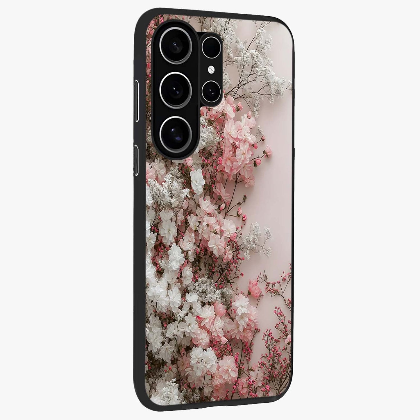Blush Blossom Cloud Glass Case upright view showcasing calm floral cloud artwork with gentle dreamy theme.