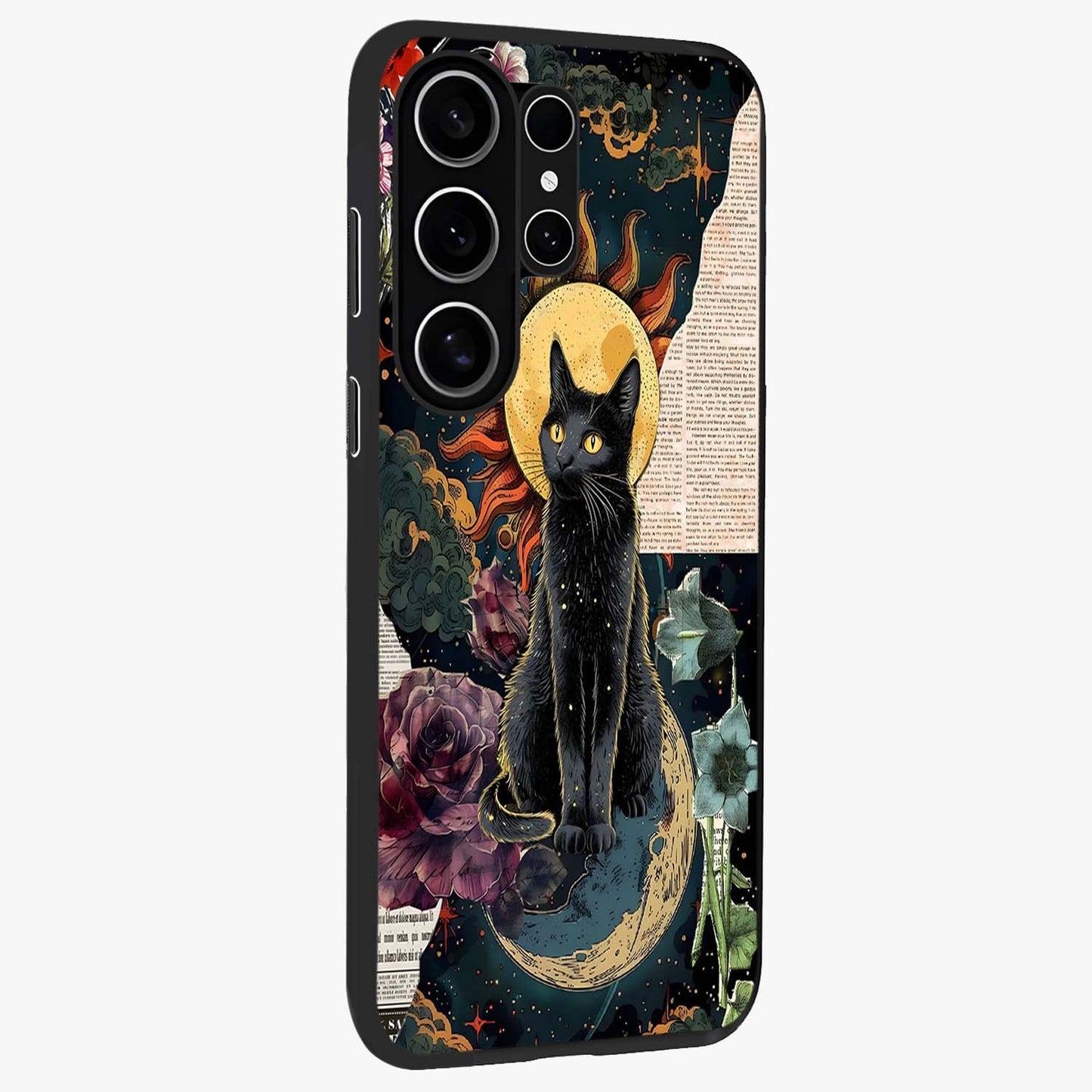 Celestial Black Cat Glass Case upright view showcasing magical black cat illustration with starry cosmic theme.