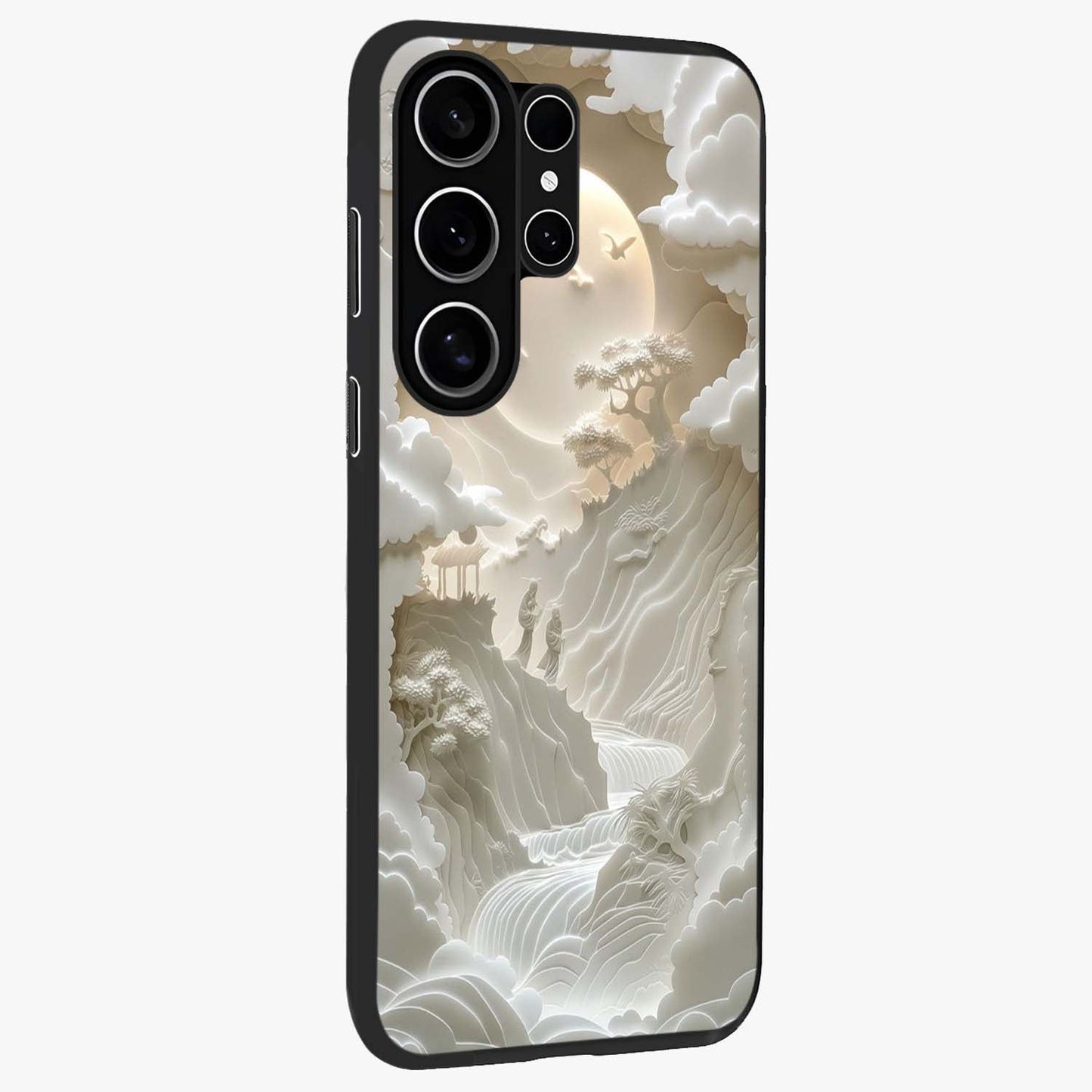 Celestial Origami Glass Case upright view showcasing creative origami artwork with modern celestial style.