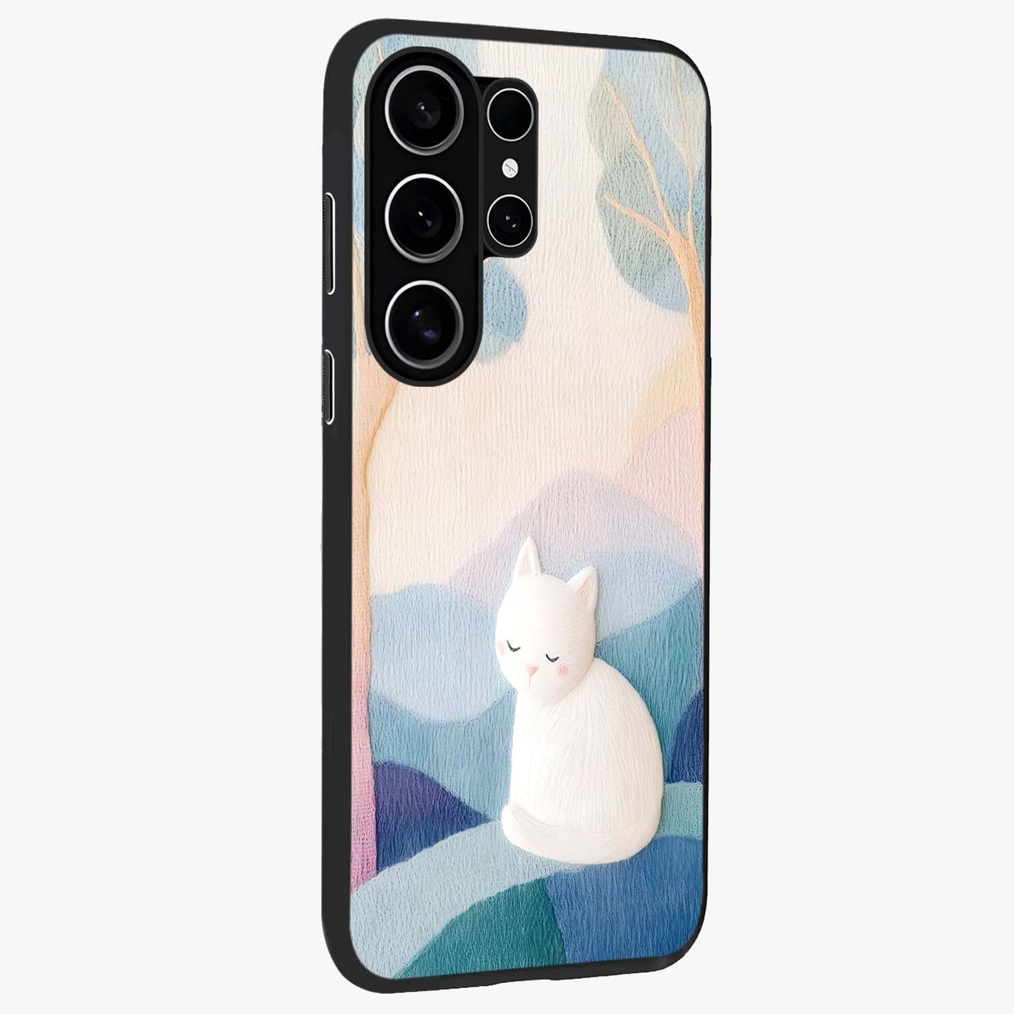 Cotton Dream Cat Glass Case upright view showcasing charming cat artwork with cozy dreamy theme.