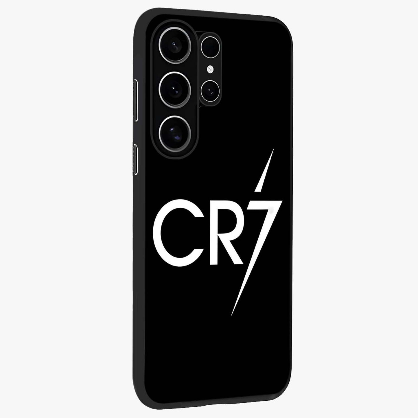 Cr7 Elite Strike Glass Case upright view showcasing energetic football inspired design with modern sports aesthetic.