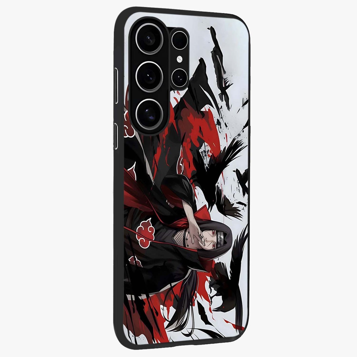 Crimson Crow Illusion Glass Case upright view showcasing striking crow illusion artwork with intense crimson theme.