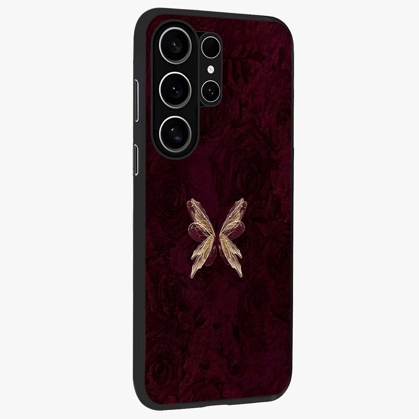 Crimson Fade Butterfly Glass Case upright view showcasing graceful butterfly artwork with soft crimson fade effect.