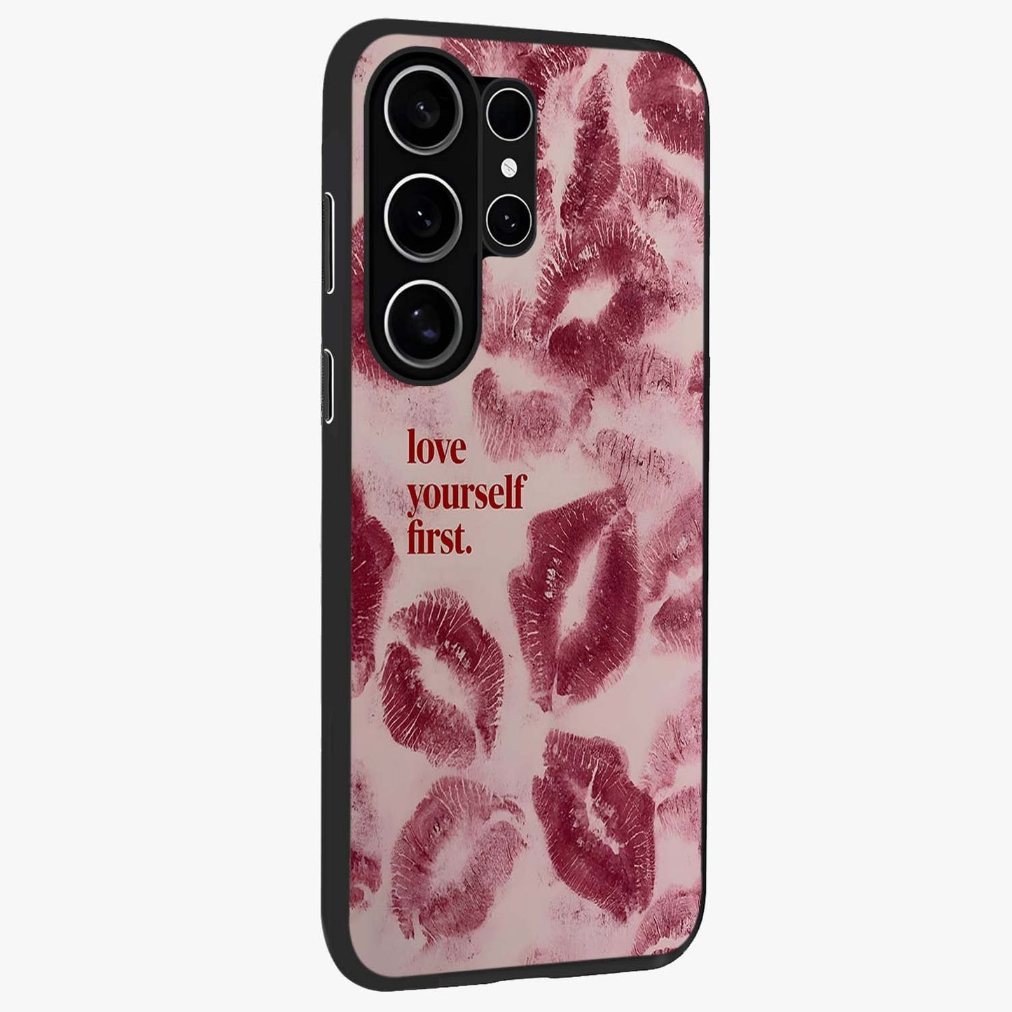 Crimson Kiss Love Glass Case upright view showcasing expressive romantic artwork with deep crimson theme.