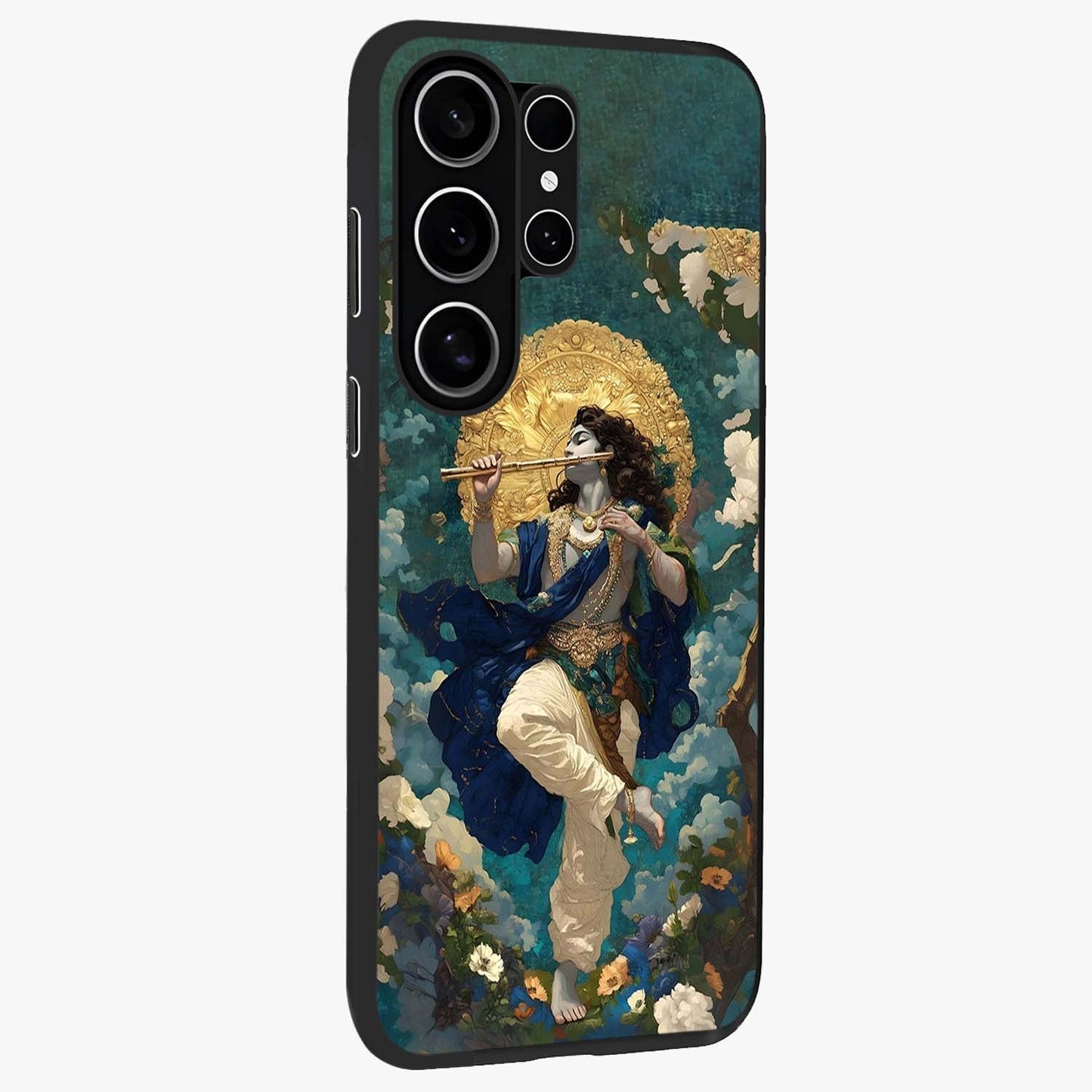 Divine Krishna Art Glass Case upright view showcasing divine Krishna artwork with sacred artistic theme.