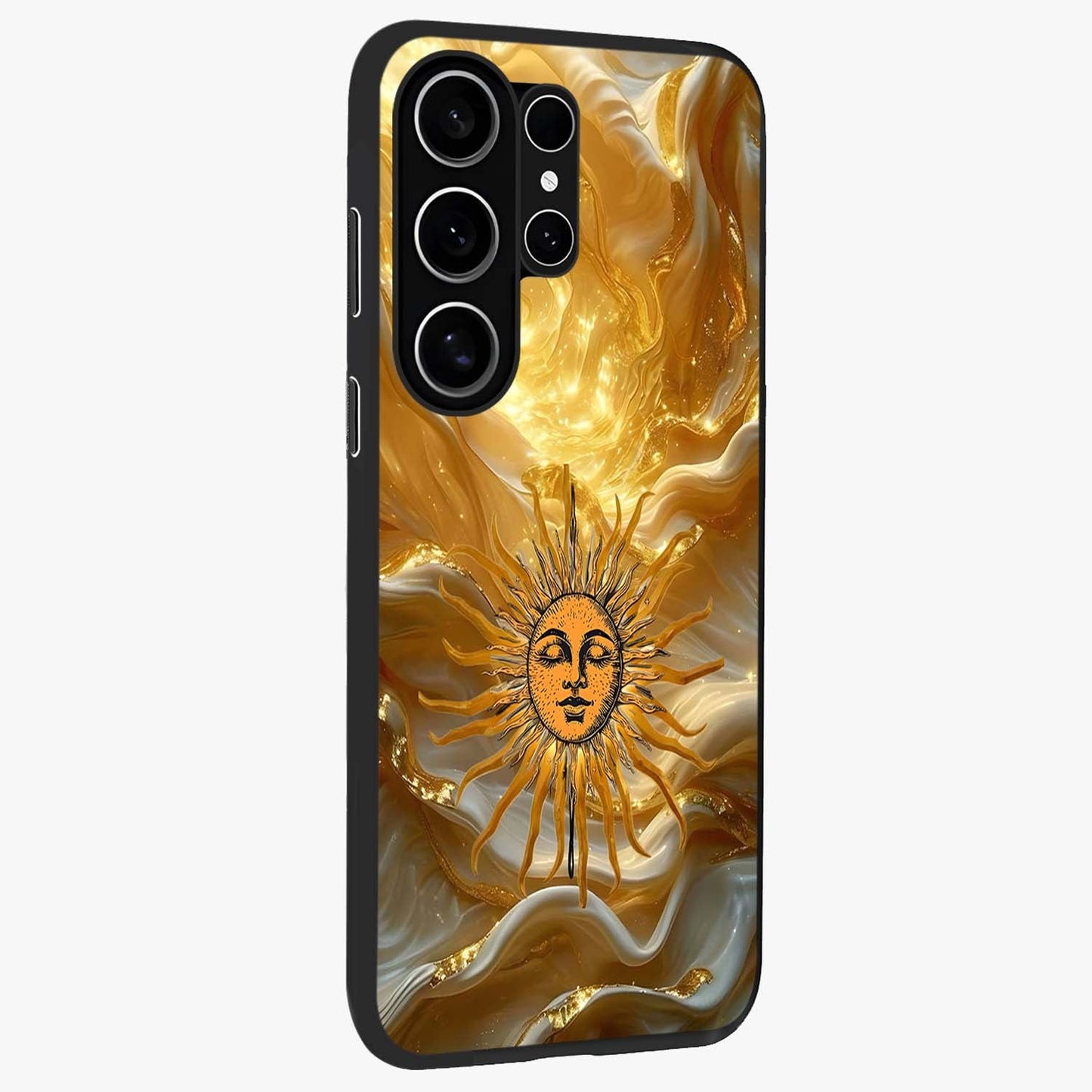 Eternal Golden Glow Glass Case upright view showcasing luminous golden artwork with luxurious visual theme.