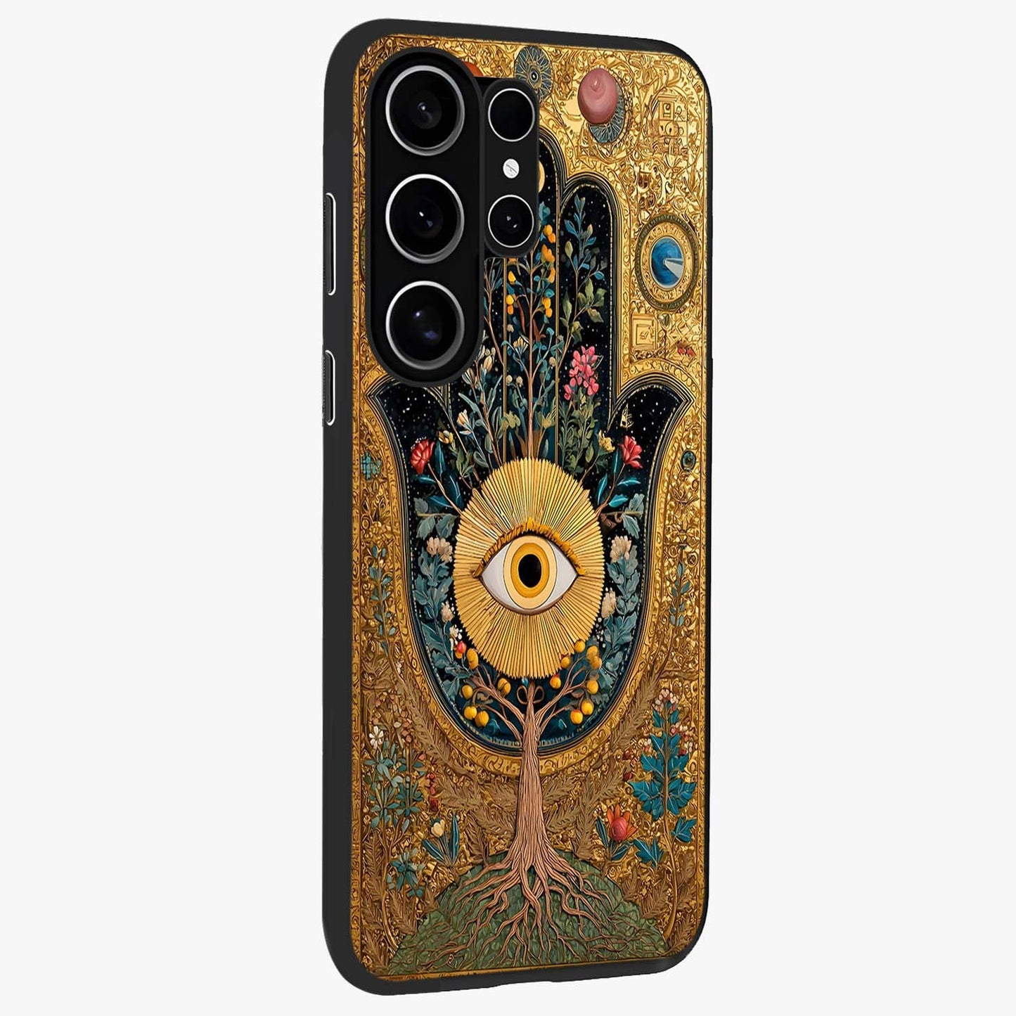 Ethereal Evil Eye Glass Case upright view showcasing celestial evil eye artwork with mystical theme.