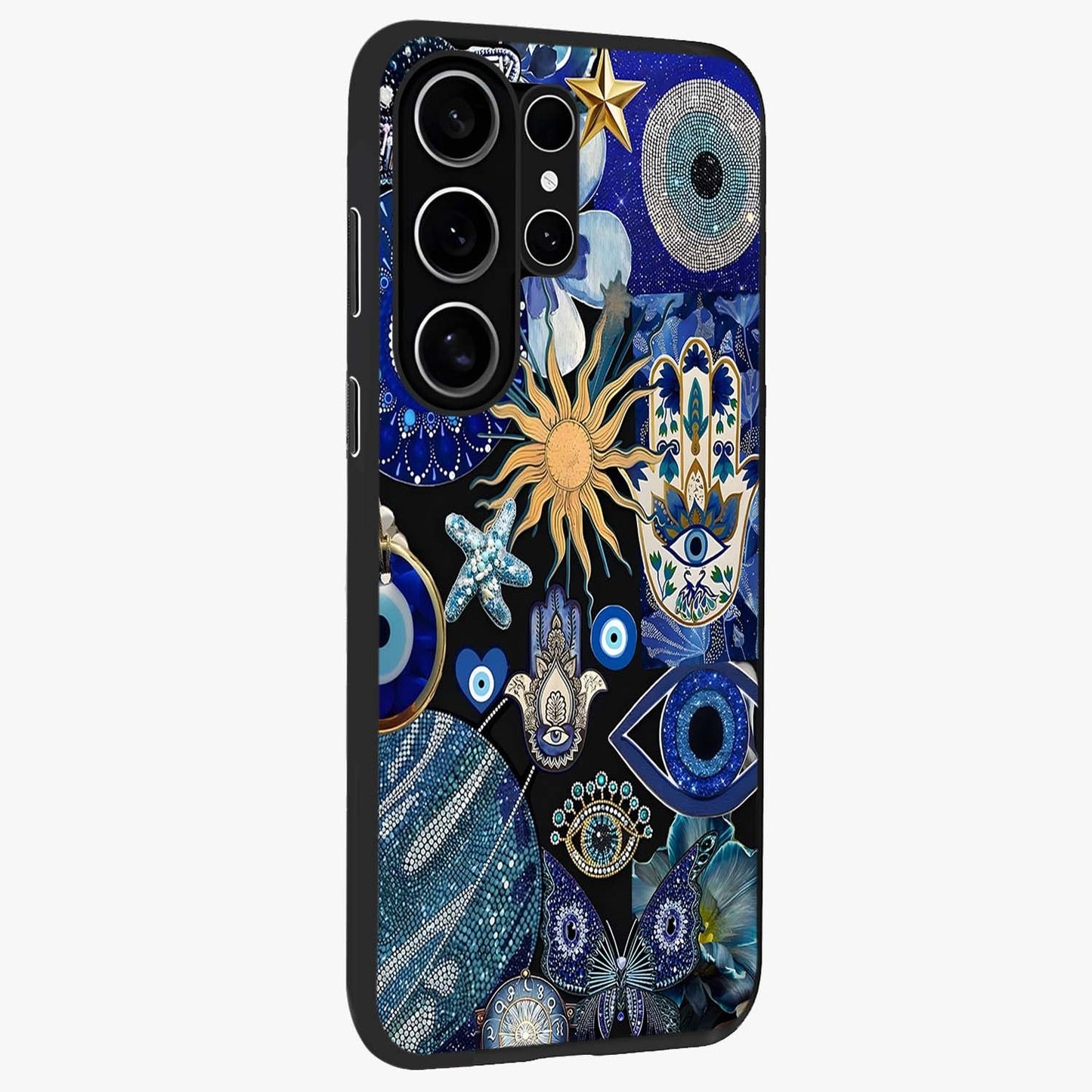 Evil Eye Charm Mix Glass Case upright view showcasing mystical evil eye pattern with vibrant decorative style.