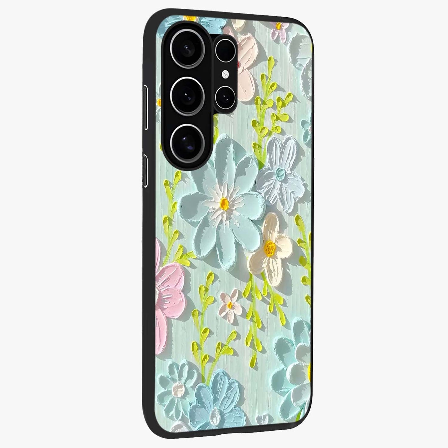 Frosted Petal Garden Glass Case upright view showcasing elegant floral garden artwork with soothing pastel theme.