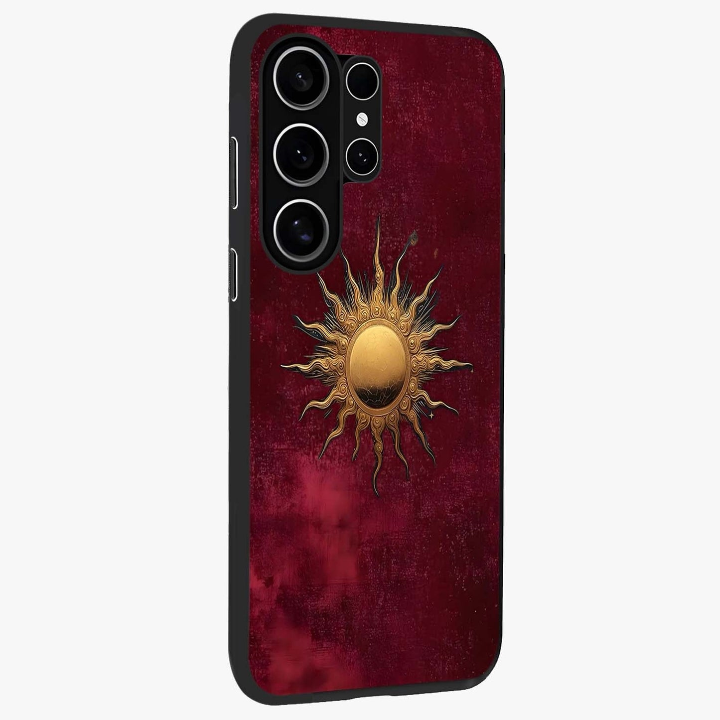 Golden Sun Minimalism Glass Case upright view showcasing simple golden sun artwork with elegant minimalist style.
