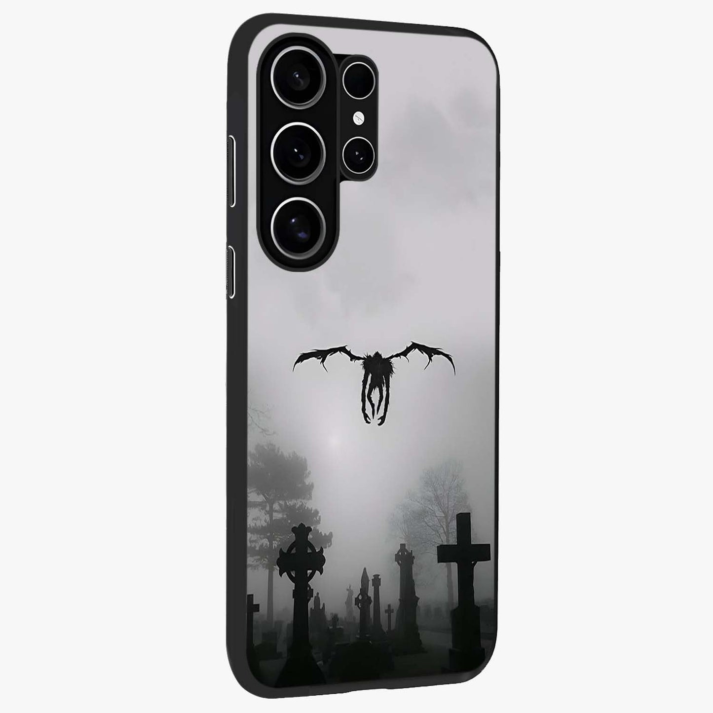 Graveyard Shadow Descent Glass Case upright view showcasing haunting graveyard artwork with dramatic dark theme.