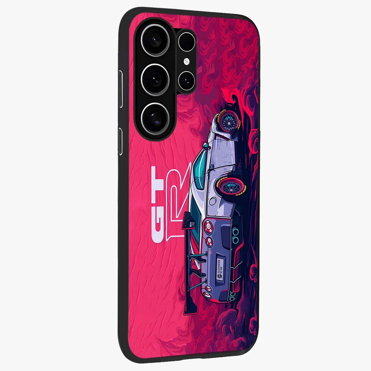 GT-R Car Pattern Glass Case upright view showcasing dynamic car pattern artwork with modern sports theme.