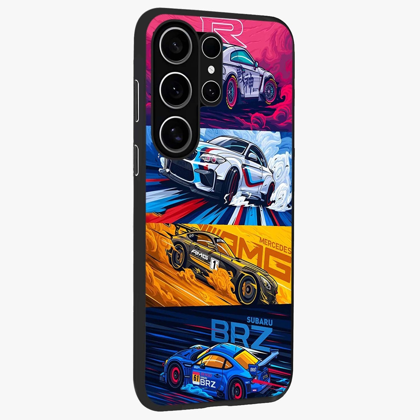 JDM Sports Car Glass Case upright view showcasing dynamic sports car artwork with bold racing theme.