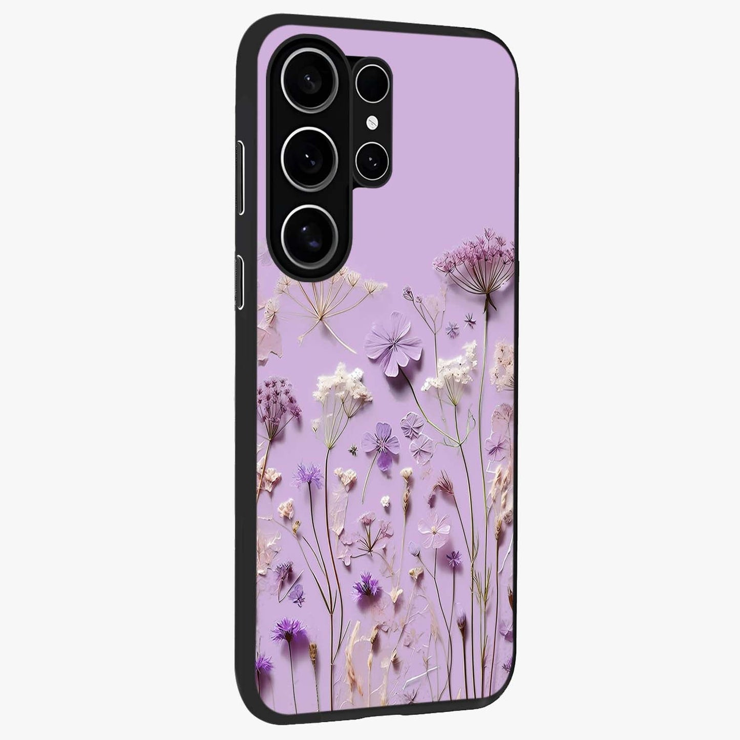 Lavender Blossom Dream Glass Case upright view showcasing delicate lavender blossom artwork with peaceful floral theme.