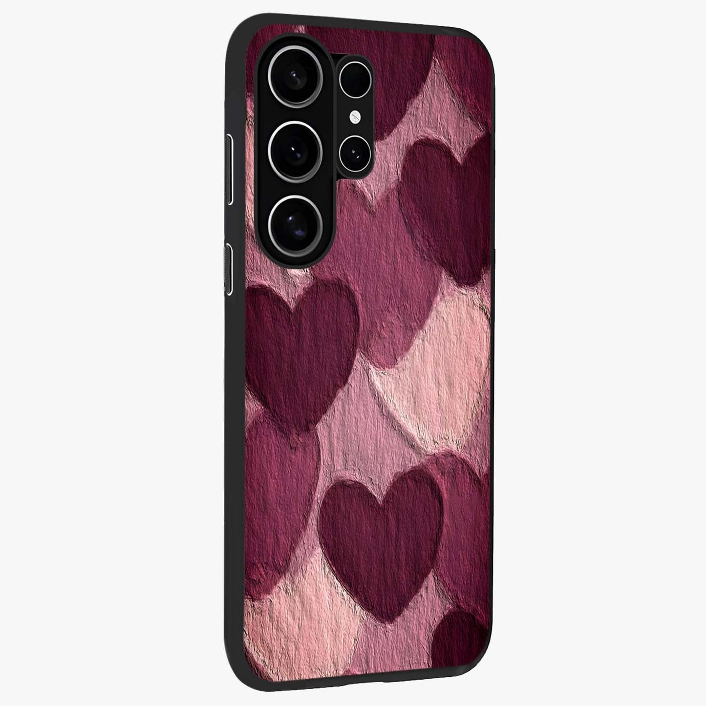 Layered Paper Hearts Glass Case upright view showcasing decorative layered heart artwork with sweet love theme.