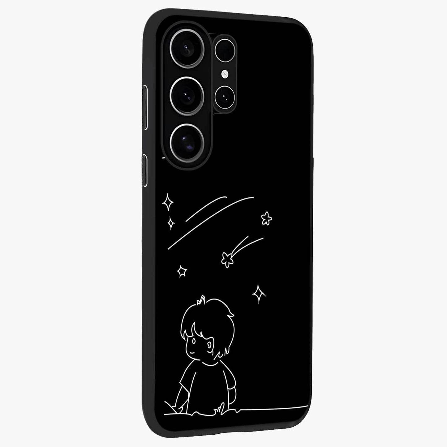 Line Art Boy With Shooting Stars Glass Case upright view showcasing artistic shooting star illustration with minimal style.
