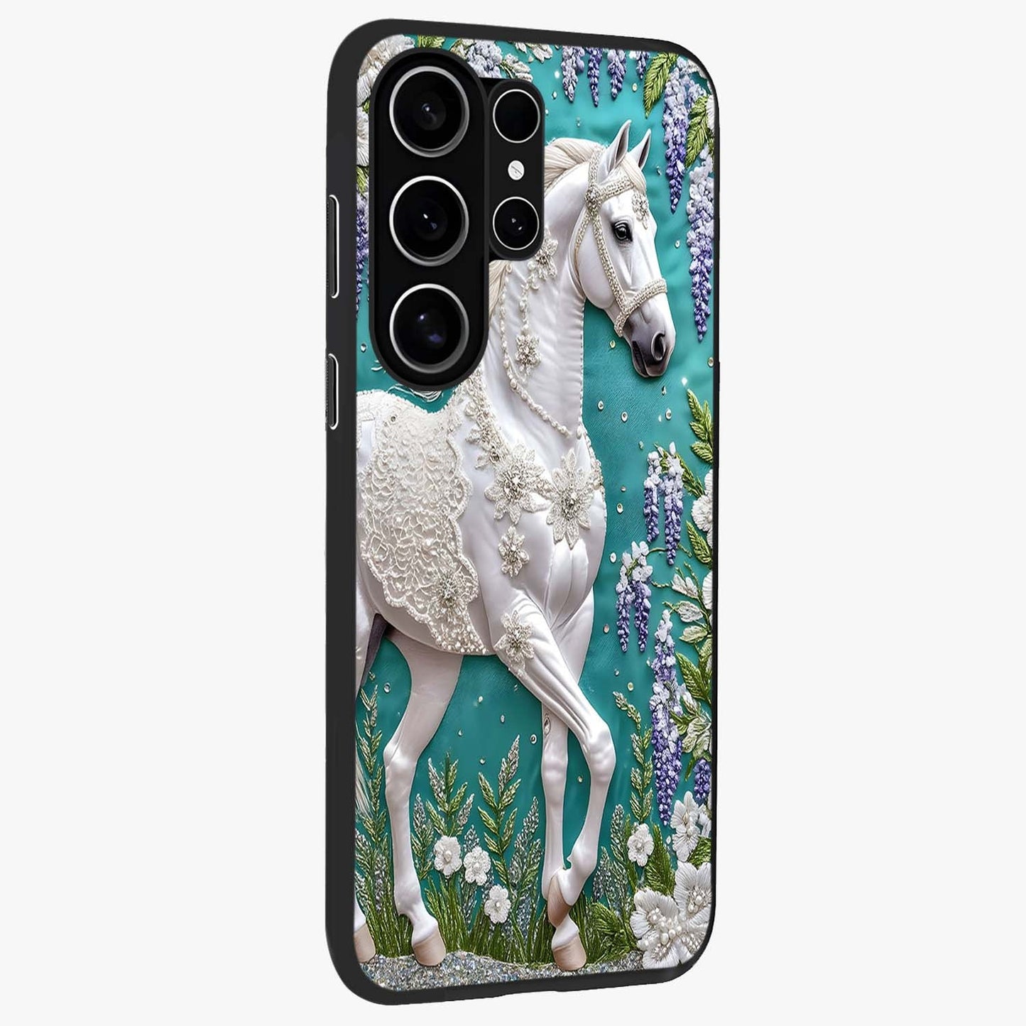 Majestic Floral Stallion Glass Case upright view showcasing dramatic horse artwork with decorative floral theme.