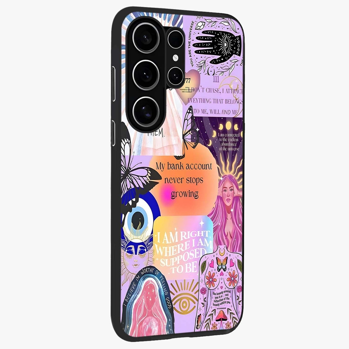 Manifestation Collage Glass Case upright view showcasing artistic manifestation themed artwork with creative style.