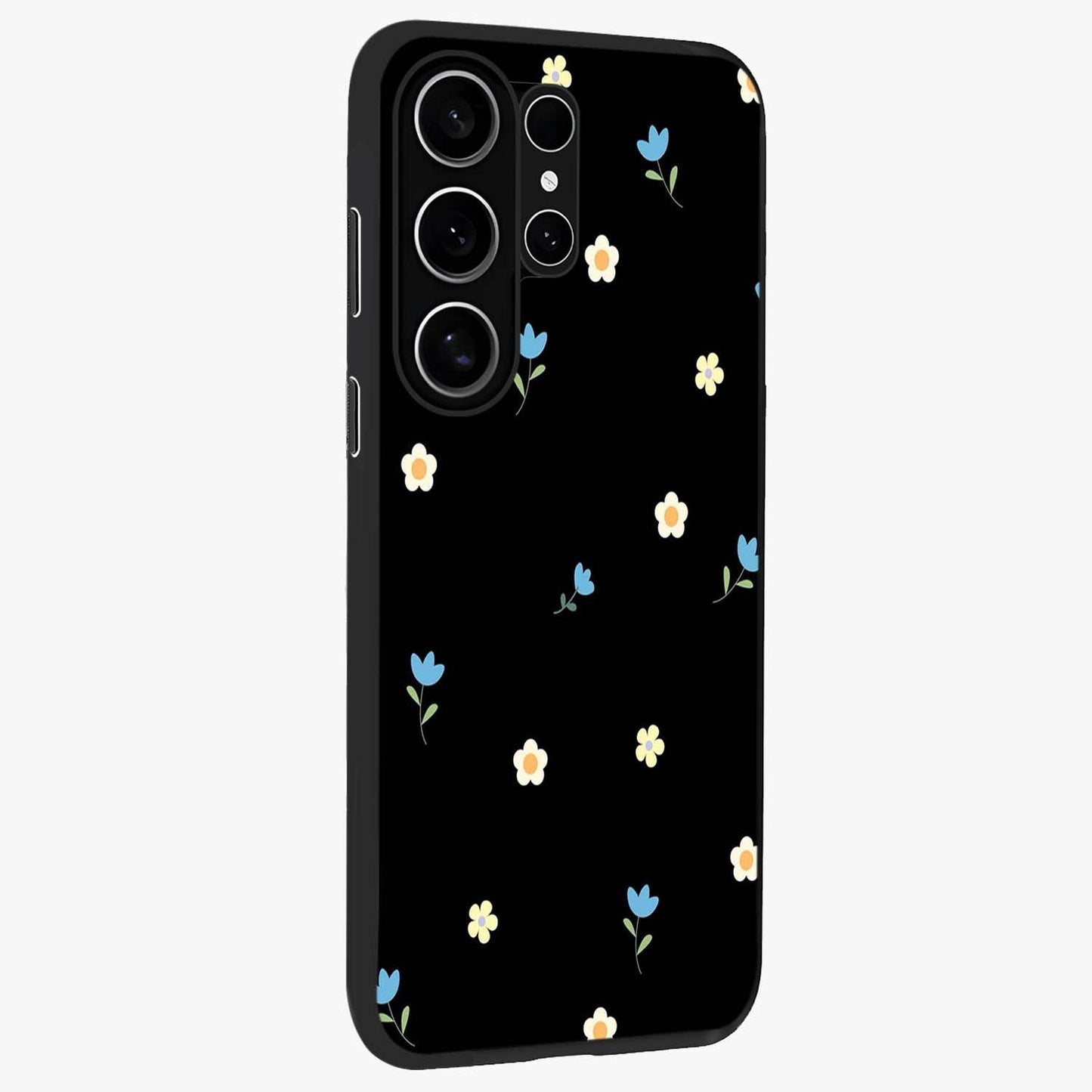 Minimal Petal Whispers Glass Case upright view showcasing elegant floral artwork with modern minimalist style.