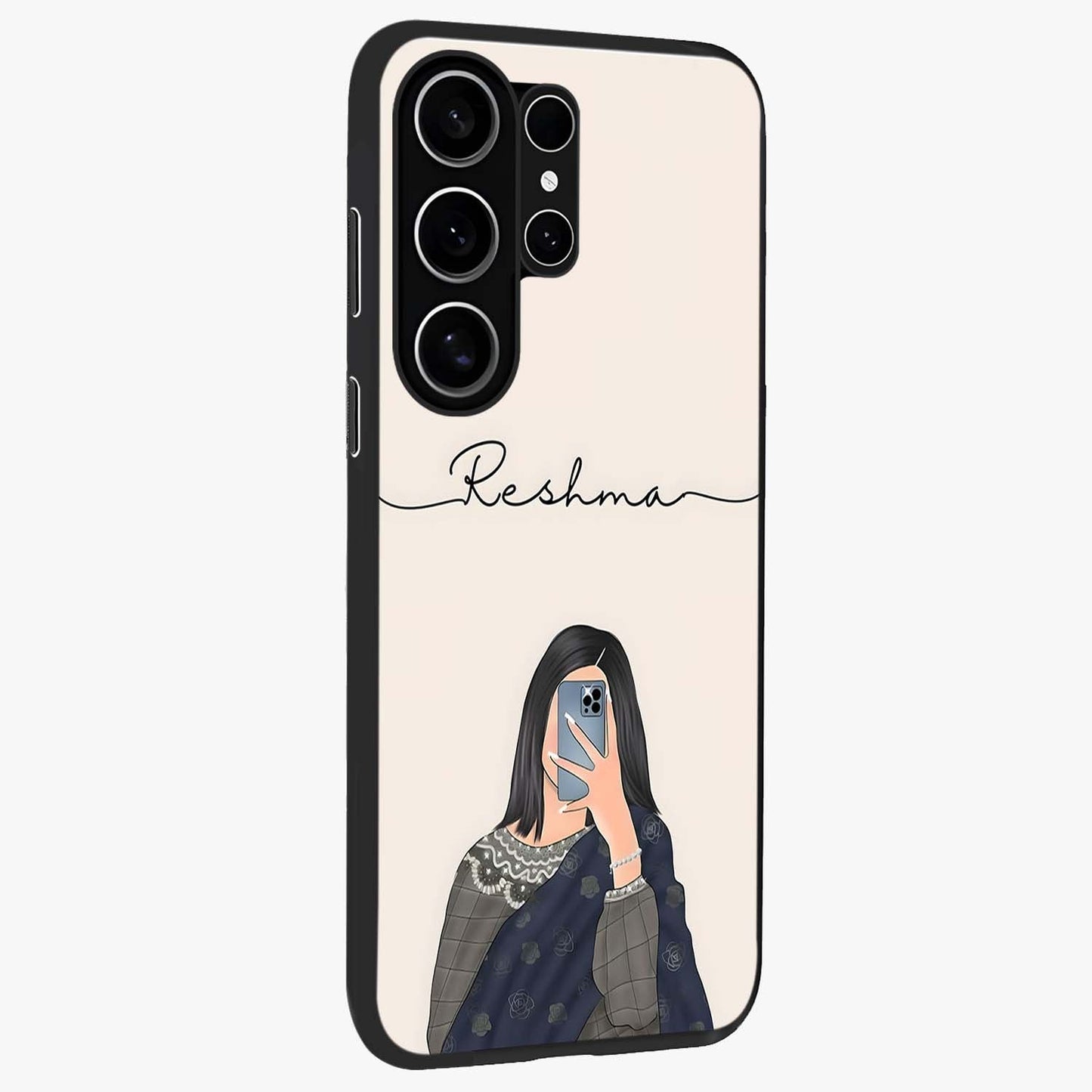 Mirror Mood Muse With Custom Name Glass Case upright view showcasing artistic mirror themed artwork with personalized aesthetic.