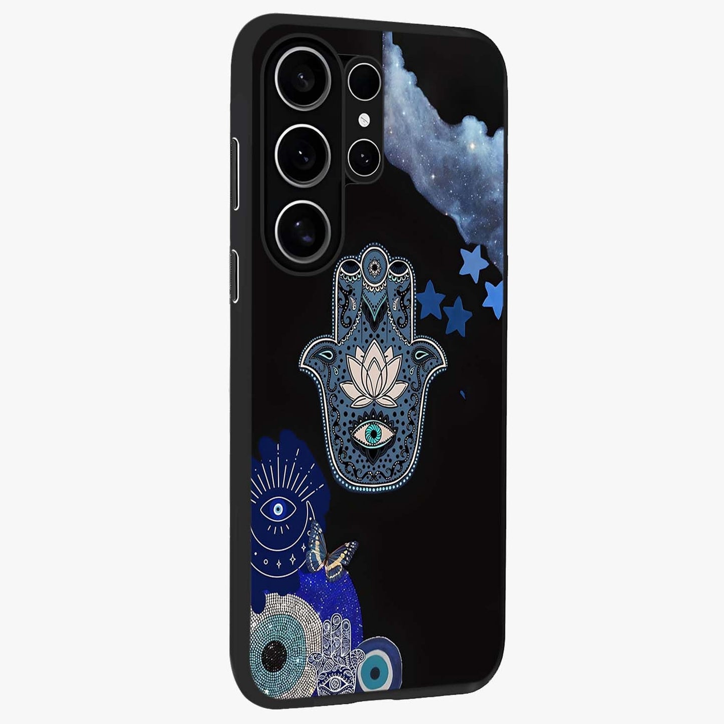 Mystic Hand Aura Glass Case upright view showcasing symbolic hand artwork with mystical energy theme.