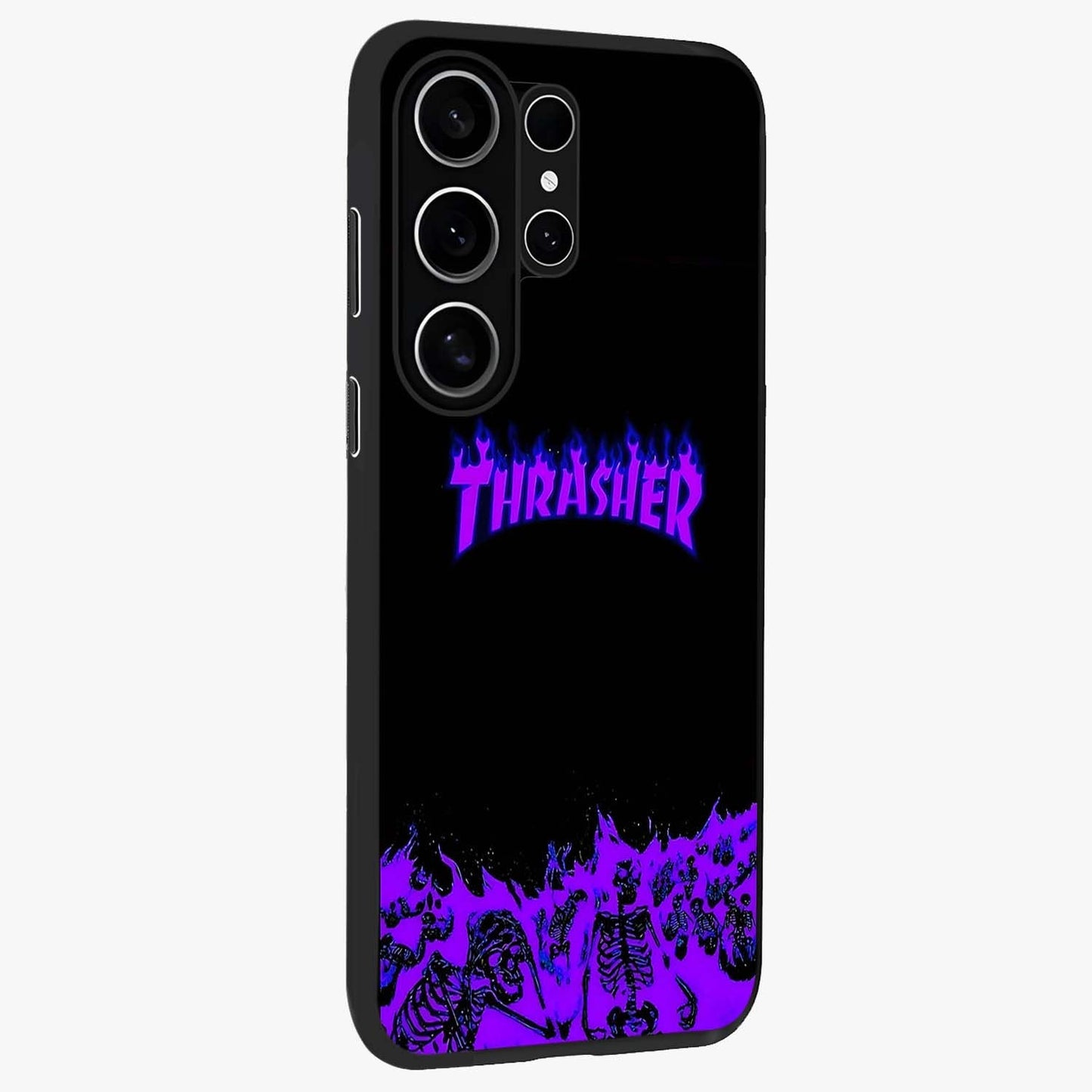 Neon Flame Riot Glass Case upright view showcasing dynamic flame artwork with energetic neon theme.