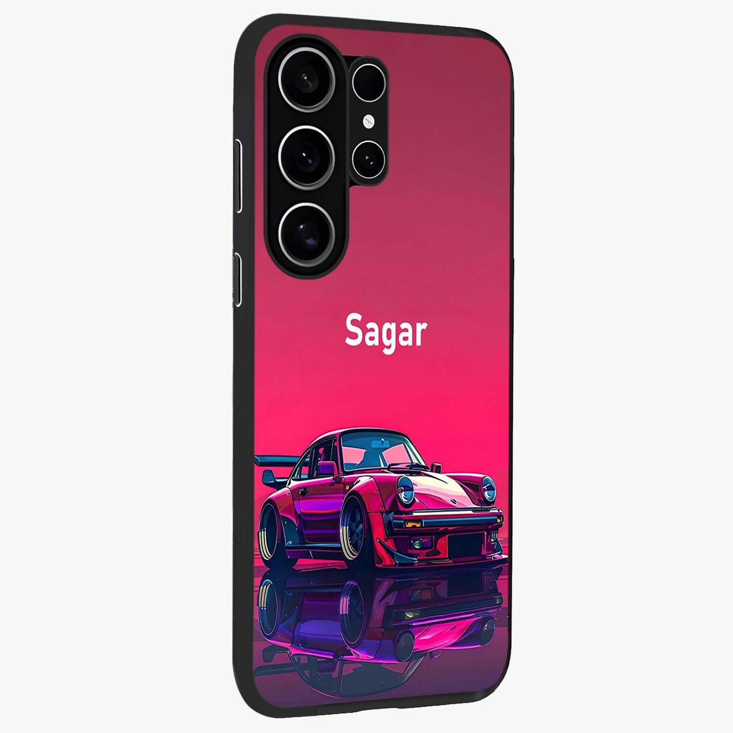 Neon Pink Porsche Glass Case upright view showcasing vibrant sports car artwork with bold automotive theme.