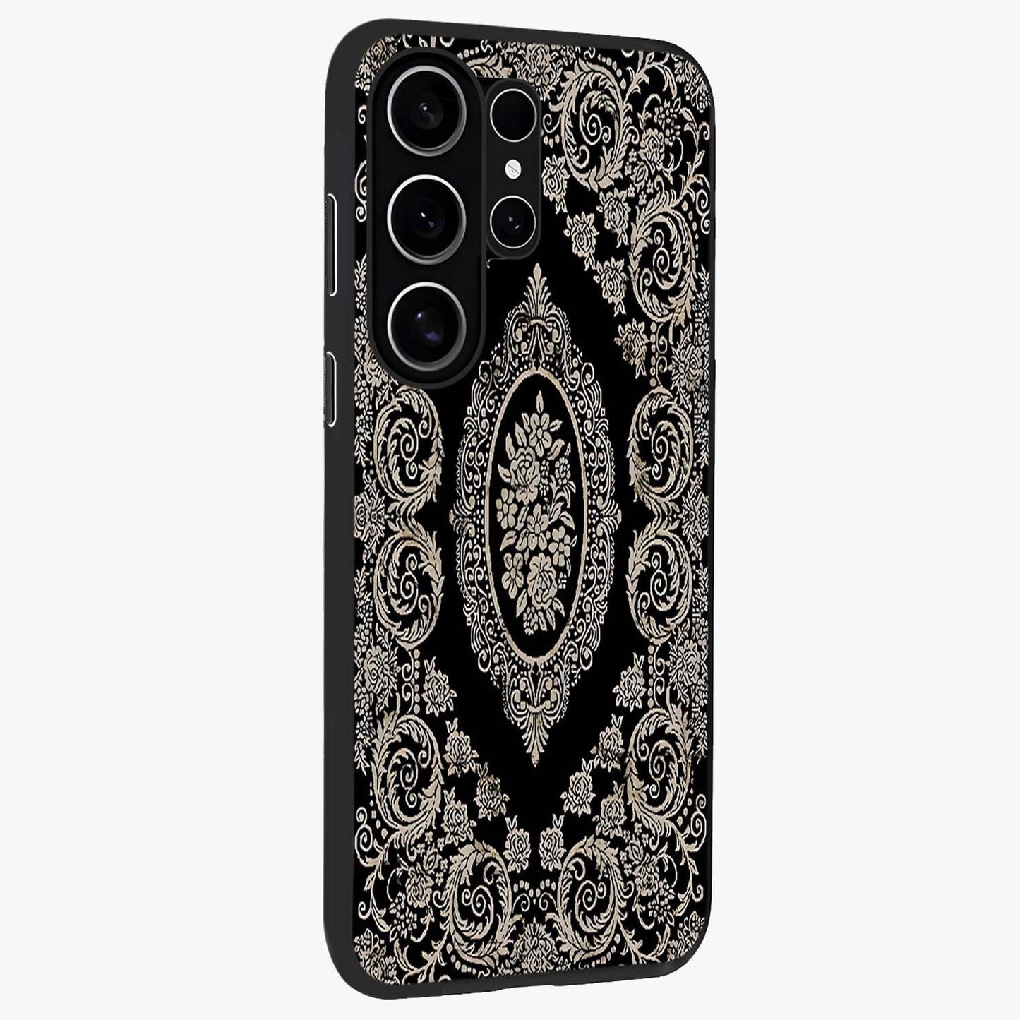 Noir Bloom Elegance Glass Case upright view showcasing graceful floral artwork with luxurious dark theme.