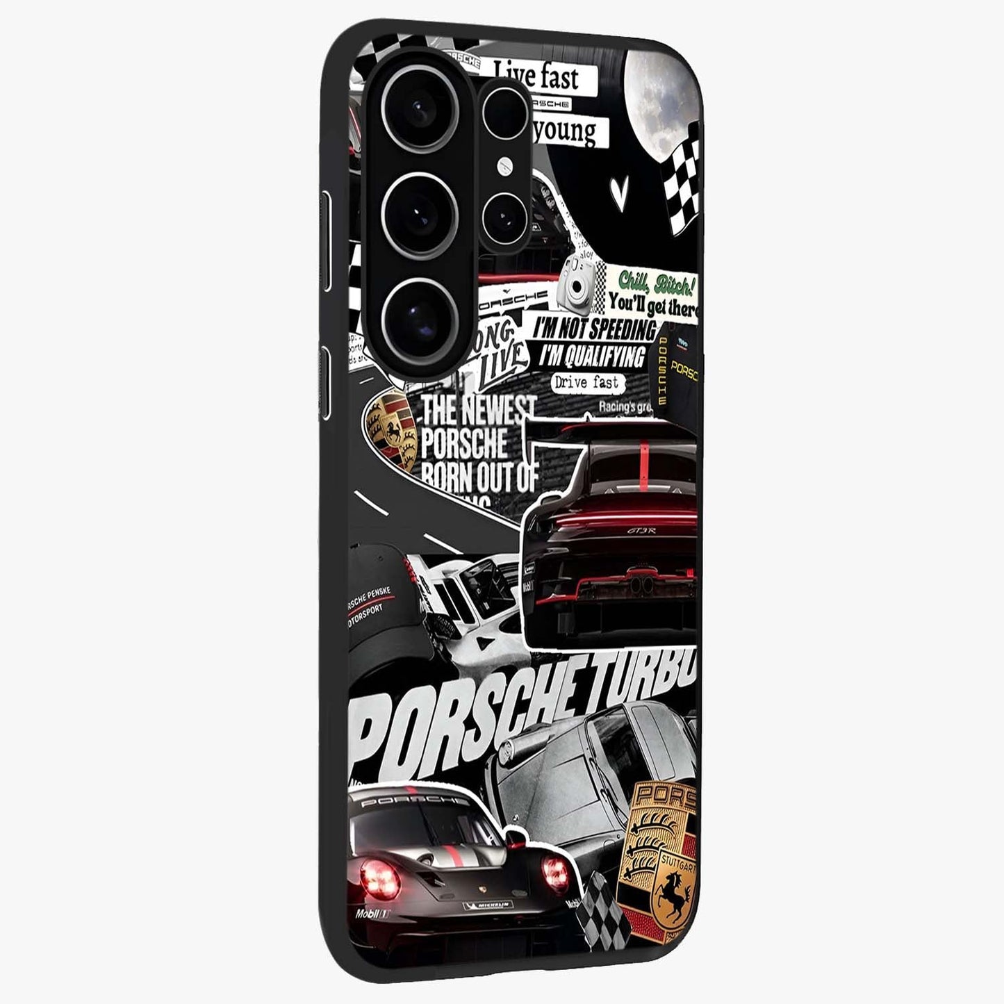 Porsche Racing Collage Glass Case upright view showcasing energetic car collage artwork with high speed racing theme.