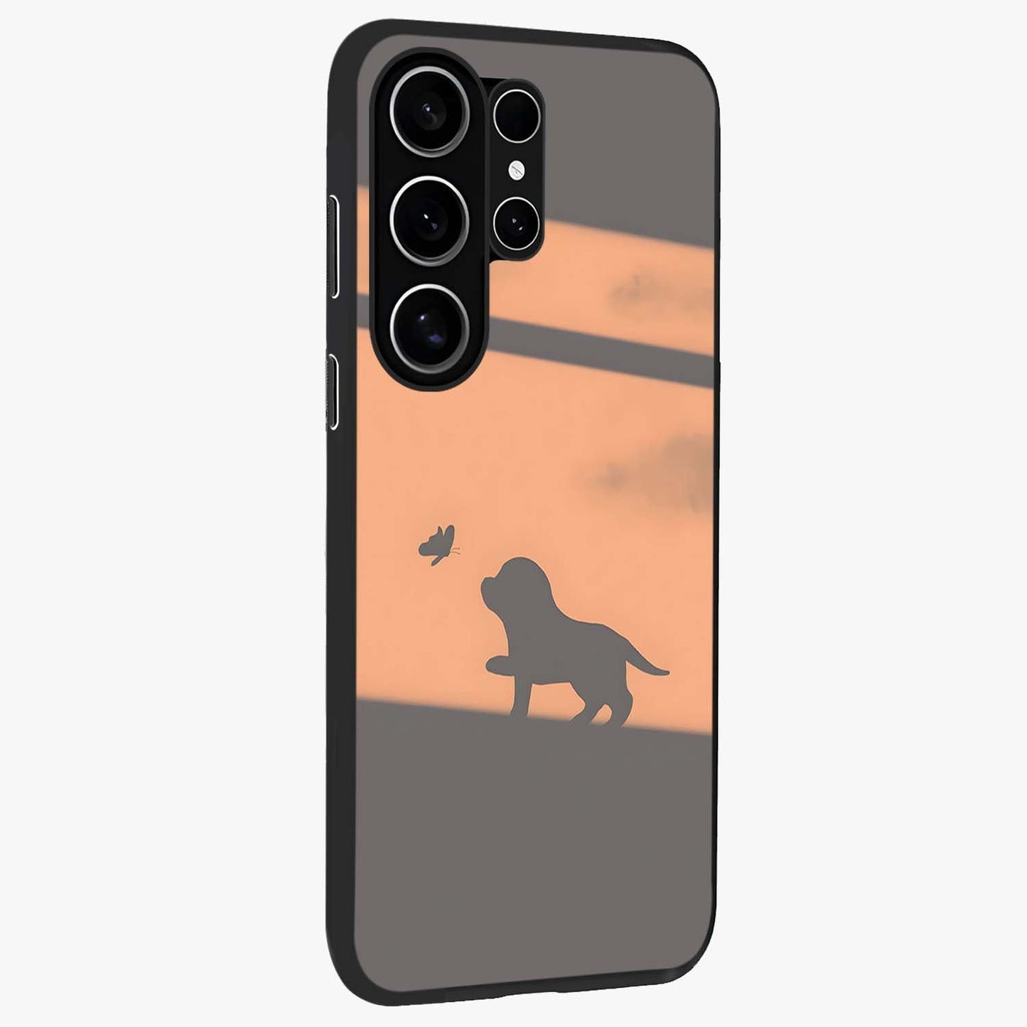 Puppy Shadow Art Glass Case upright view showcasing charming puppy artwork with creative silhouette theme.