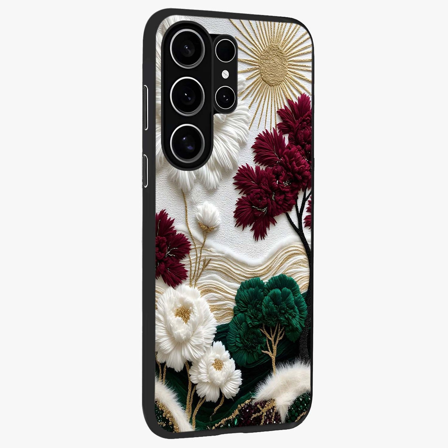 Radiant Bloom Elegance Glass Case upright view showcasing decorative flower artwork with refined botanical theme.