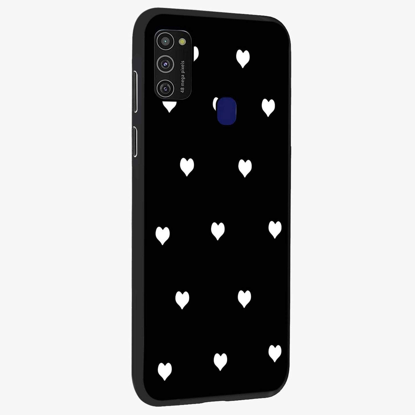 Cute And Simple White Hearts Glass Case upright view showcasing simple white hearts artwork with soft minimal theme.