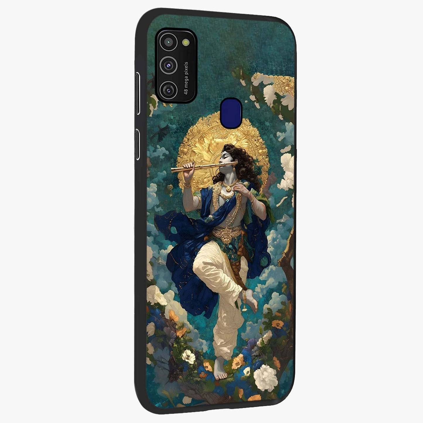 Divine Krishna Art Glass Case upright view showcasing divine Krishna artwork with sacred artistic theme.