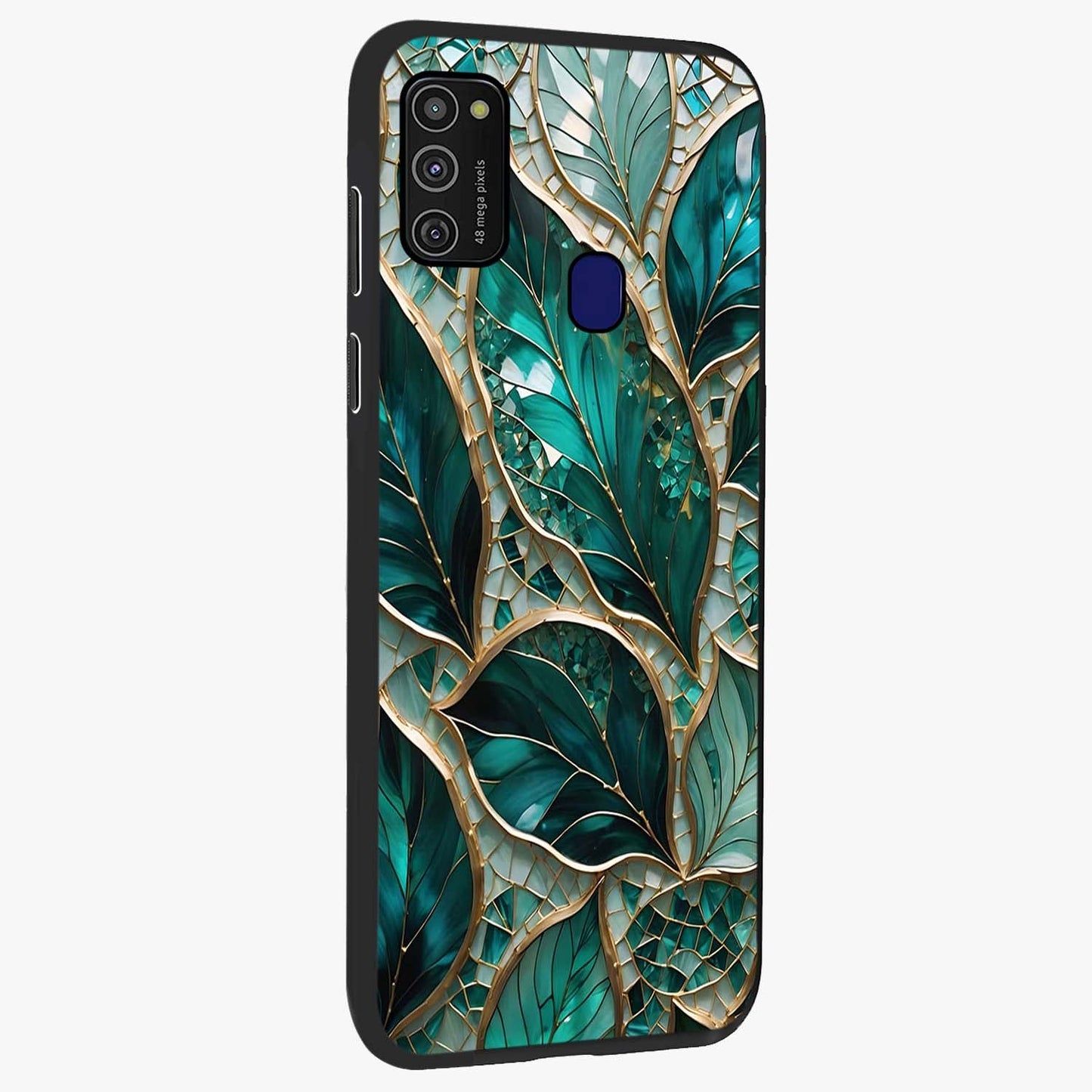 Emerald Leaf Glass Glass Case upright view showcasing fresh green leaf artwork with calming nature inspired style.