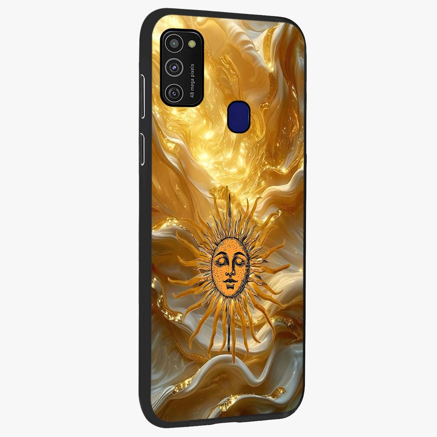 Eternal Golden Glow Glass Case upright view showcasing luminous golden artwork with luxurious visual theme.