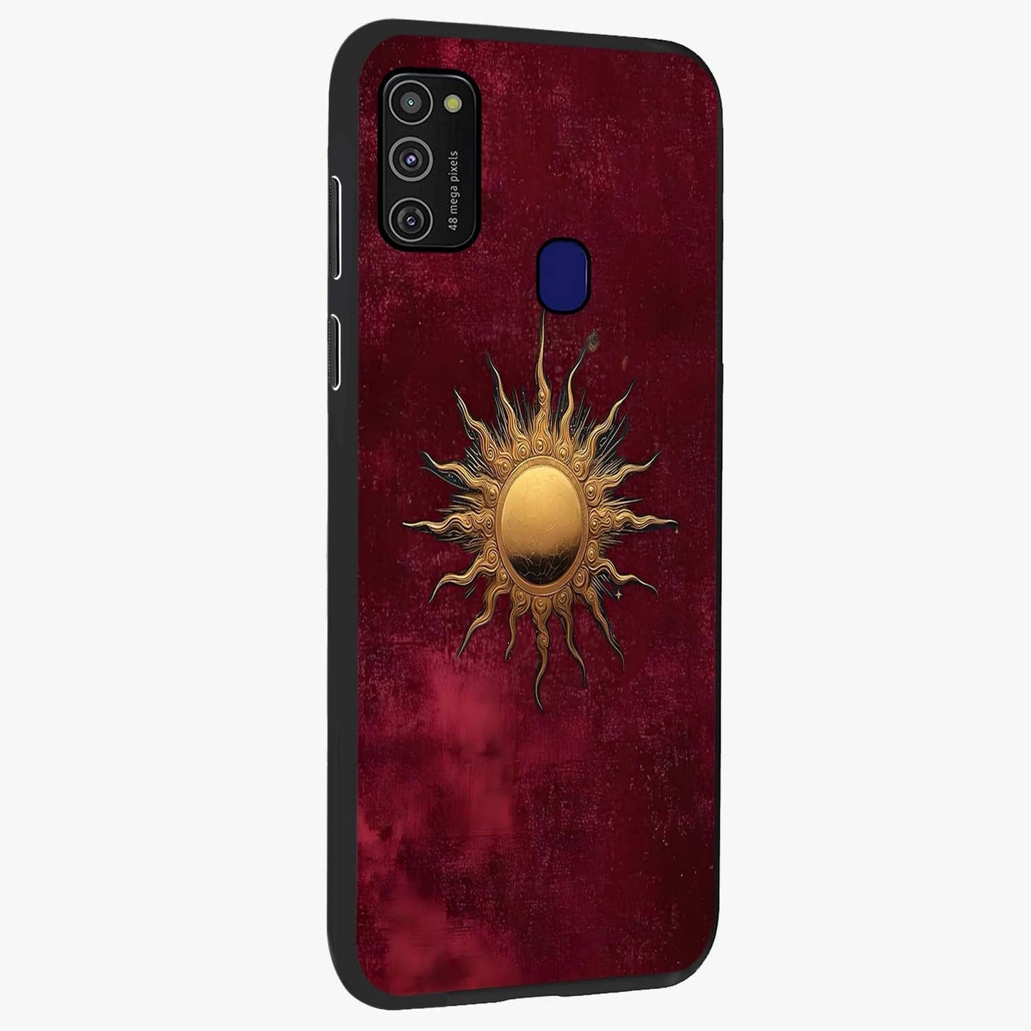Golden Sun Minimalism Glass Case upright view showcasing simple golden sun artwork with elegant minimalist style.